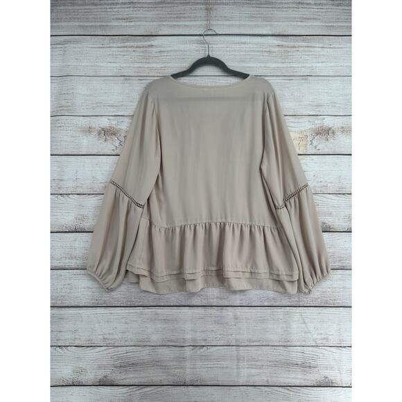 Pleione Crochet Accent Peplum Blouse Womens Large Tan Beige Tie Neck - Picture 2 of 10